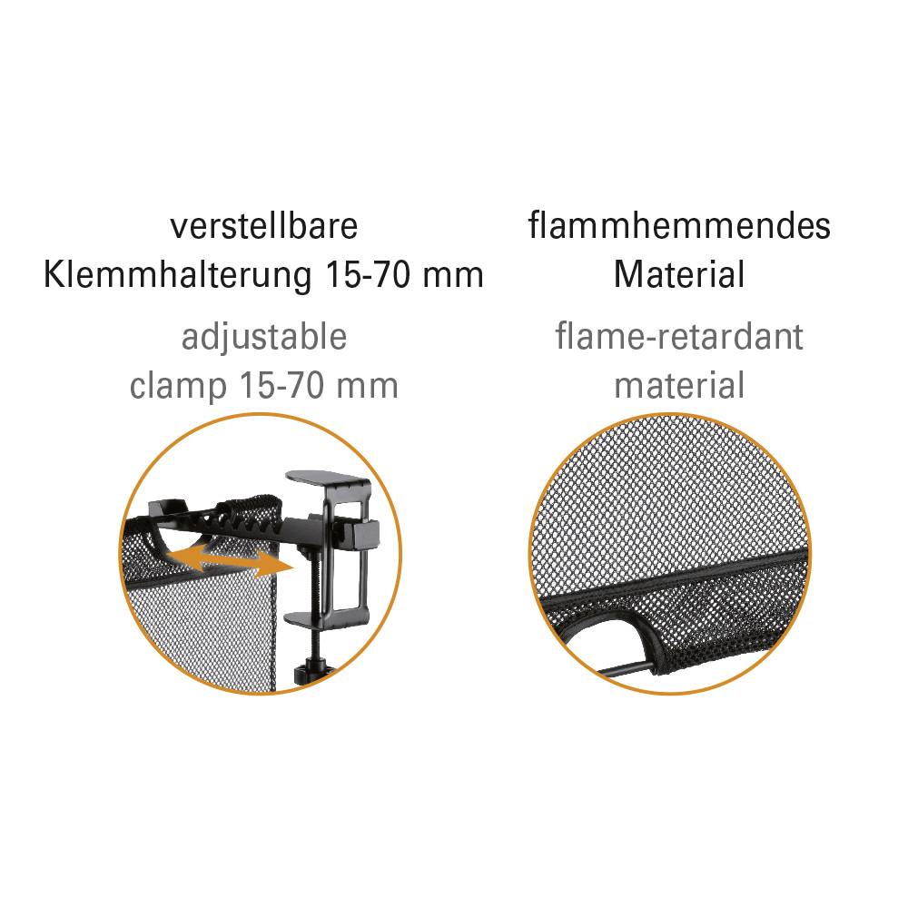 'Adjustable Clamp Mounting 15-70 mm' and 'Flame-Retardant Material' with illustrations of a clamp and a mesh material.