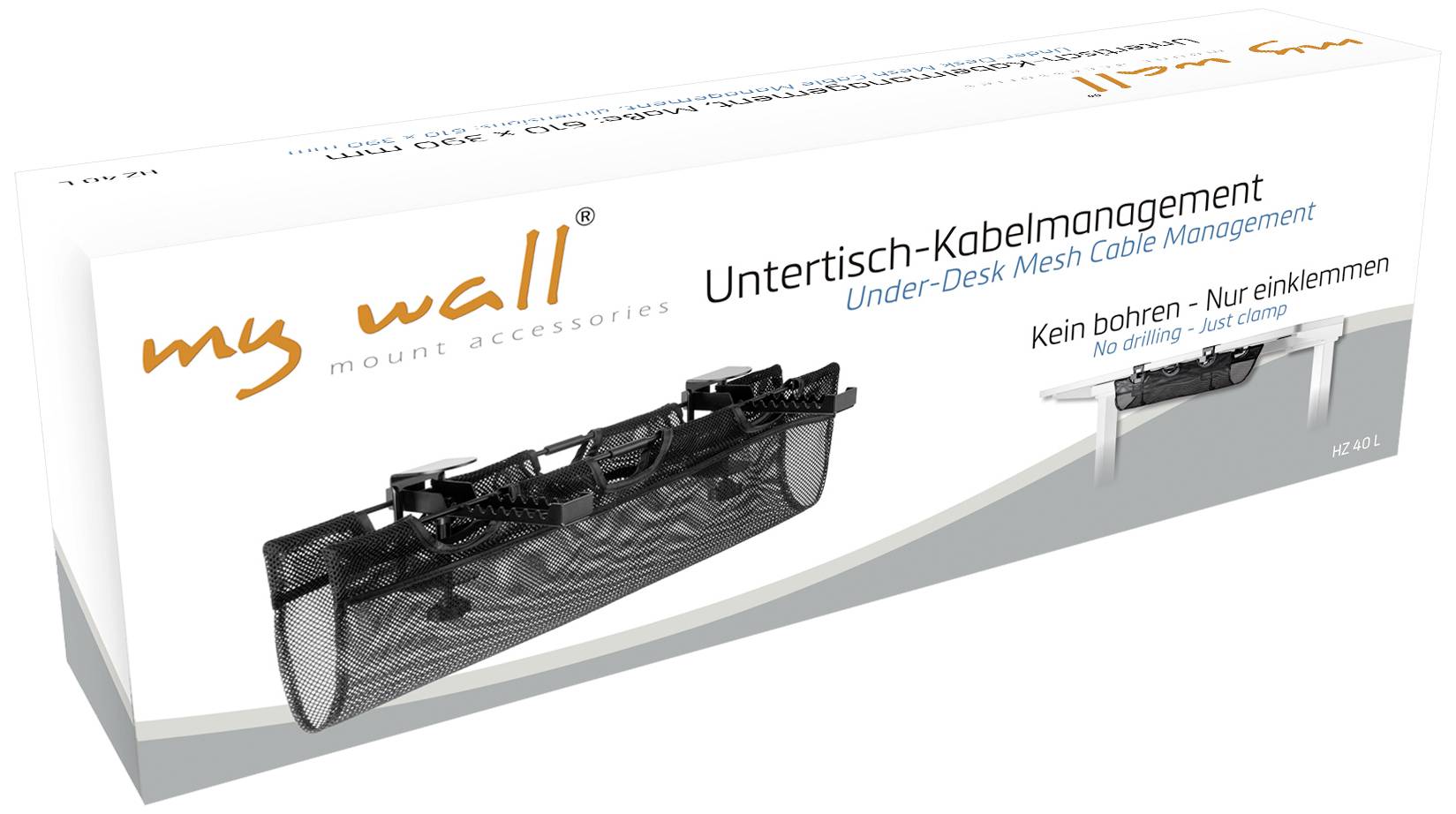 Packaging for an under-desk cable management solution made of mesh material. Illustration shows mounting without drilling. Brand: my wall.