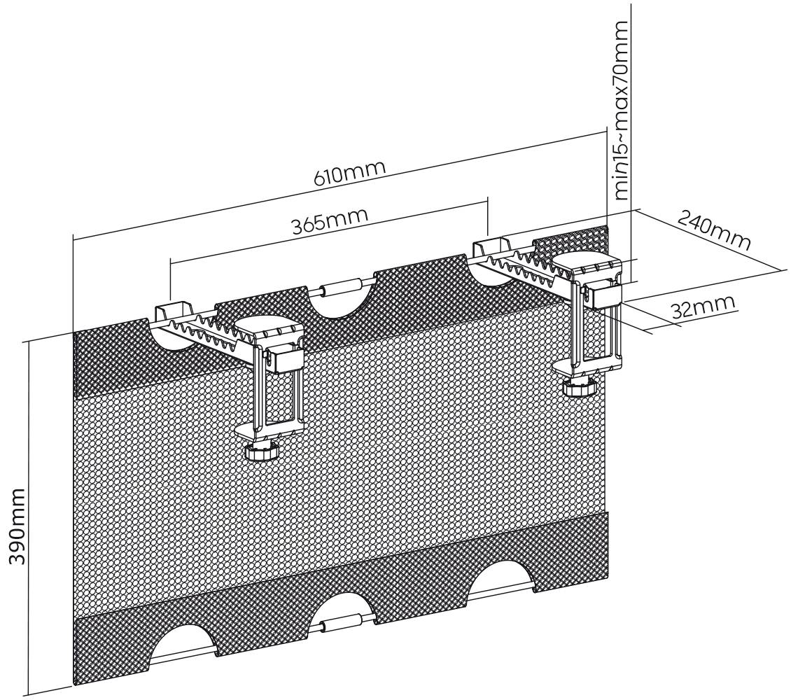 Technical Drawing of a Wall Mounting: shows dimensions of 610 mm width, 390 mm height, 365 mm mounting bracket spacing, 32 mm thickness.