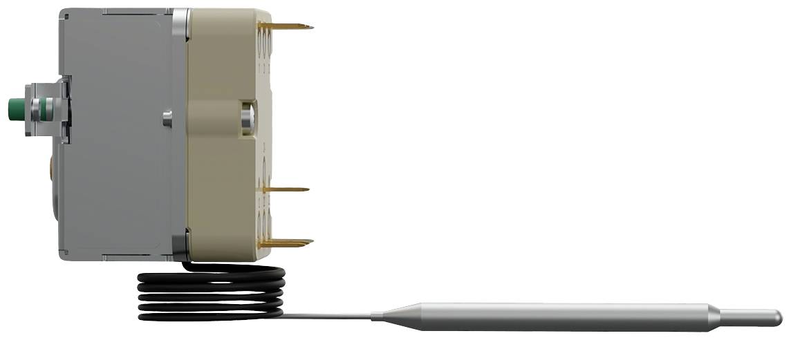 Side view of an electronic temperature controller with sensor and cable coiled in a spiral shape.