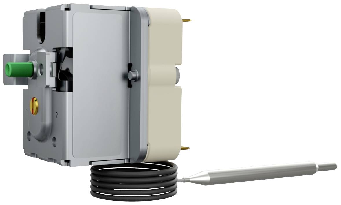 Thermostat with sensor: A square device with a green switch, with a black spiral cable on the side and a silver sensor at its end.