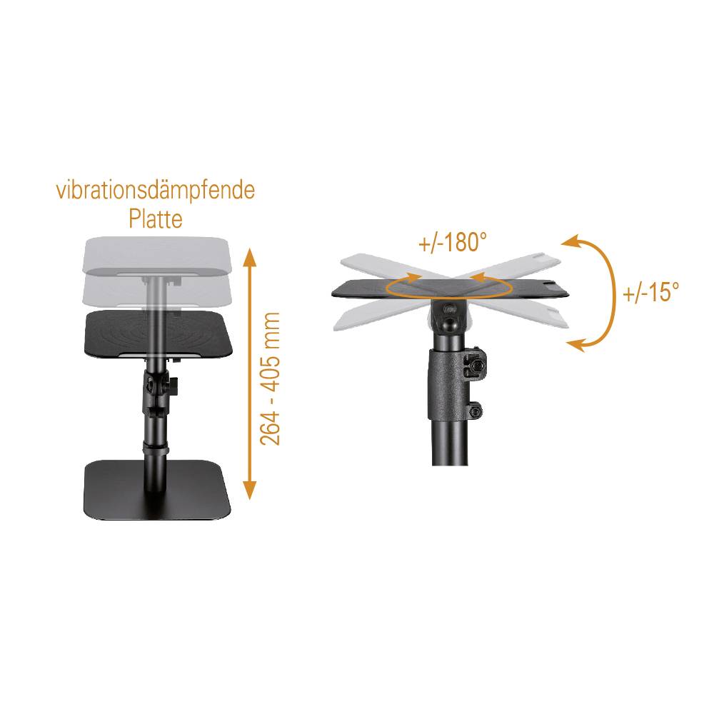 'Adjustable vibration-damping plate with height range of 264-405 mm, swivel range of +/-180° and tilt range of +/-15°.'