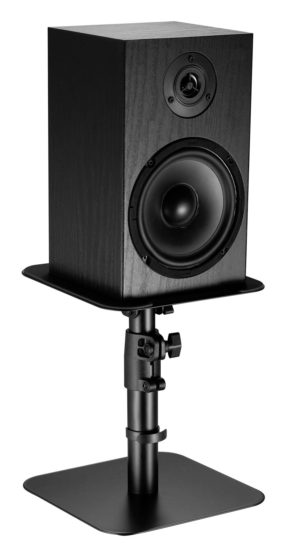 A black loudspeaker on a stand, with a large woofer and a smaller tweeter, against a white background.