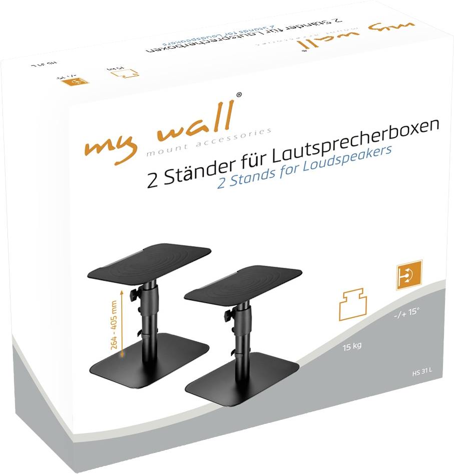 Two black speaker stands, height-adjustable, capable of supporting up to 15 kg. Packaging featuring product image and 'my wall' brand logo.