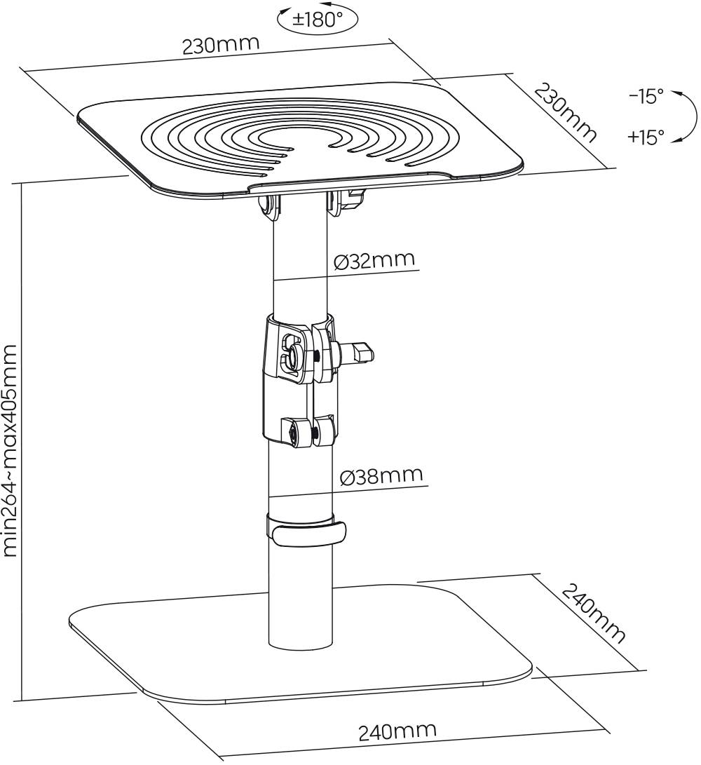 Technical drawing of an adjustable-height monitor stand. Dimensions: Base 240x240mm, upper plate 230x230mm, height adjustment range 264-405mm.