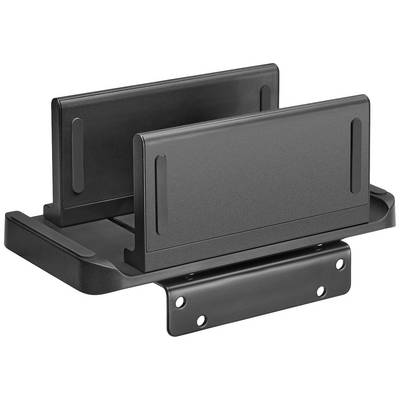 A black, adjustable vertical stand for a console or electronic device, with non-slip strips.