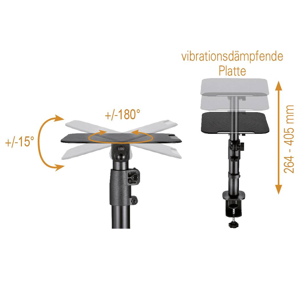 'Vibration-damping plate' with rotatable surface up to ±180° and tilt of ±15°. Height adjustable between 264 and 405 mm.