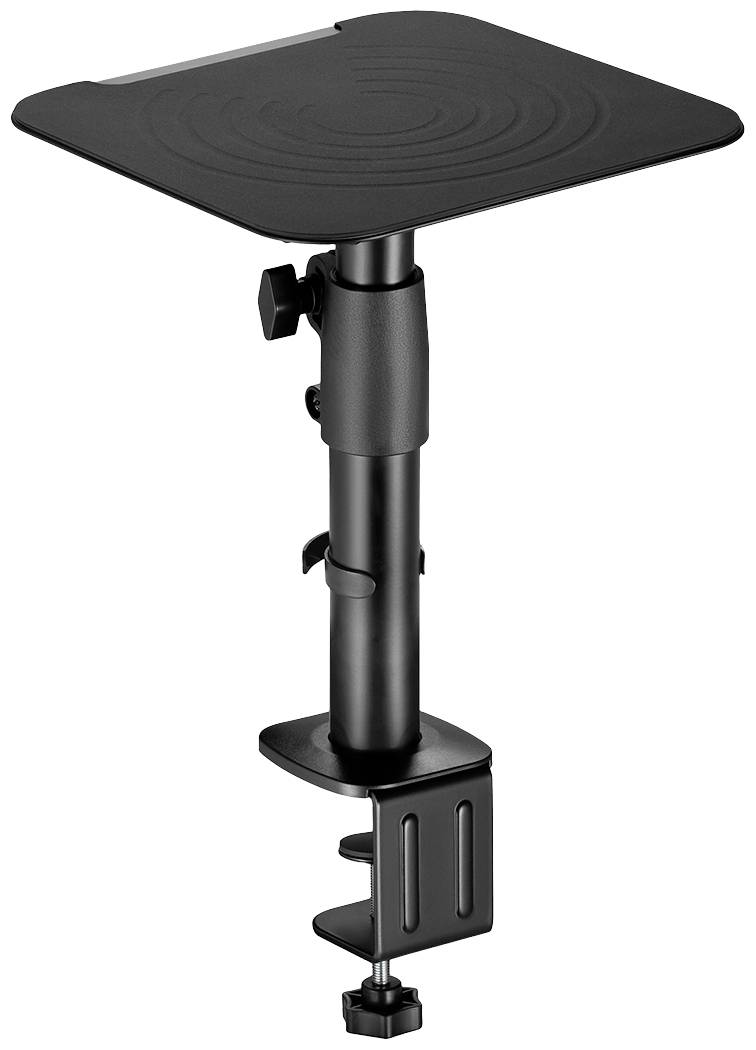 A black, height-adjustable laptop stand with table clamp for mounting on a table edge, ideal for office use.