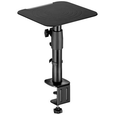 A black, height-adjustable laptop stand with table clamp for mounting on a table edge, ideal for office use.