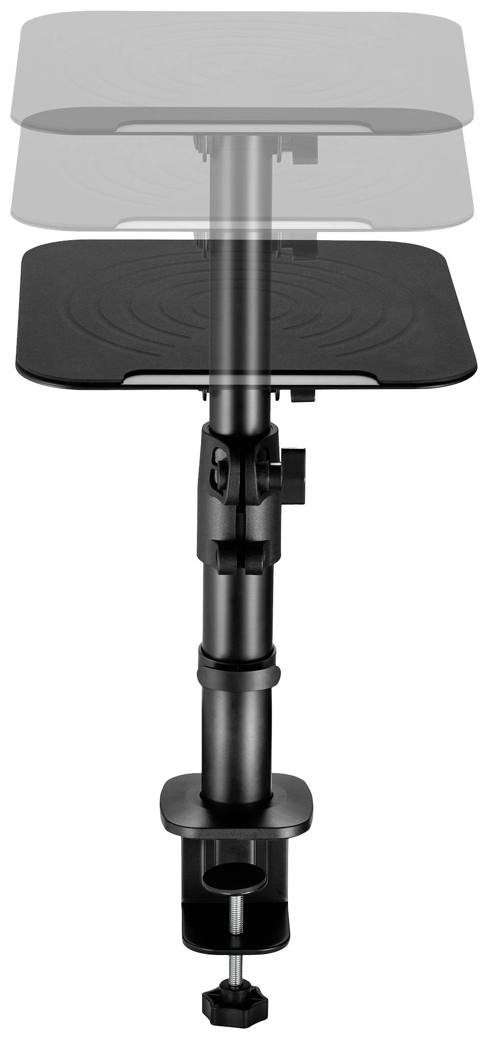 Desk mount with height-adjustable shelf, black design, showing mounting clamp and flexible adjustment options.