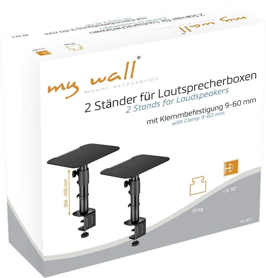 Two black speaker stands with clamp mounting, suitable for speakers with 9-60 mm width. Packaging shows product image.