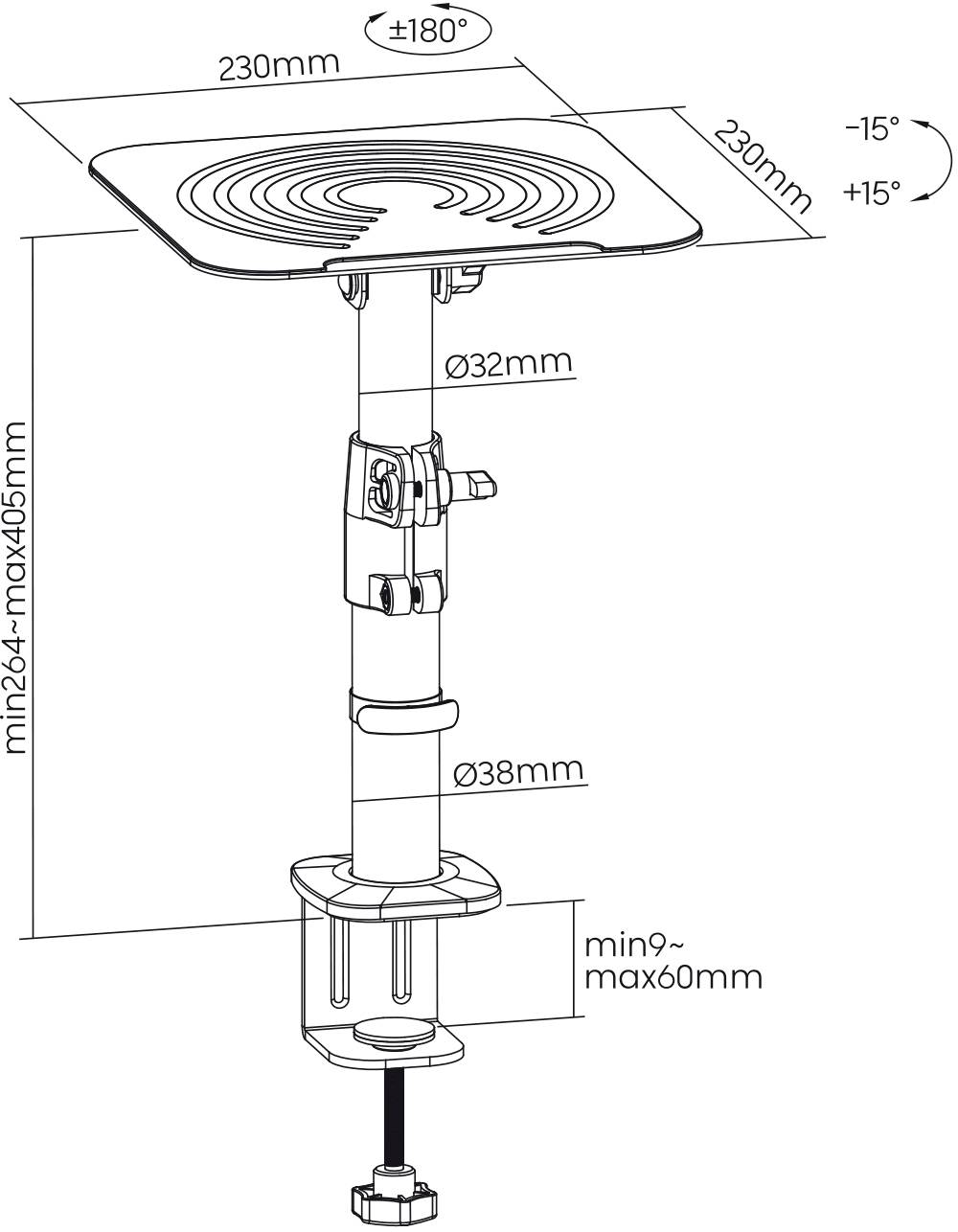 Technical drawing of an adjustable-height desk mount. Dimensions and rotation angles for the mount and mounting screw are specified.