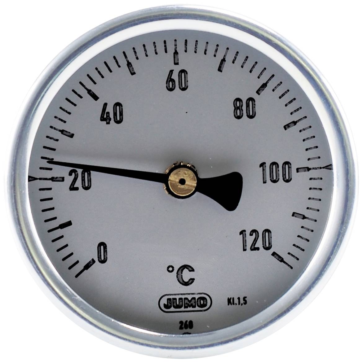 A circular thermometer shows 20 °C. Scale ranges from 0 to 120 °C.