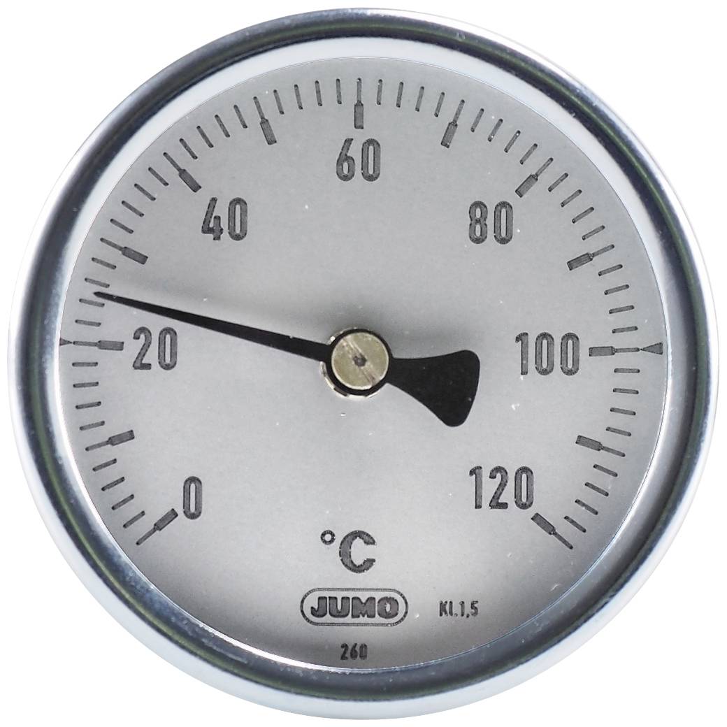 An analogue thermometer with a needle at 20 degrees Celsius indicates temperatures from 0 to 120 degrees.