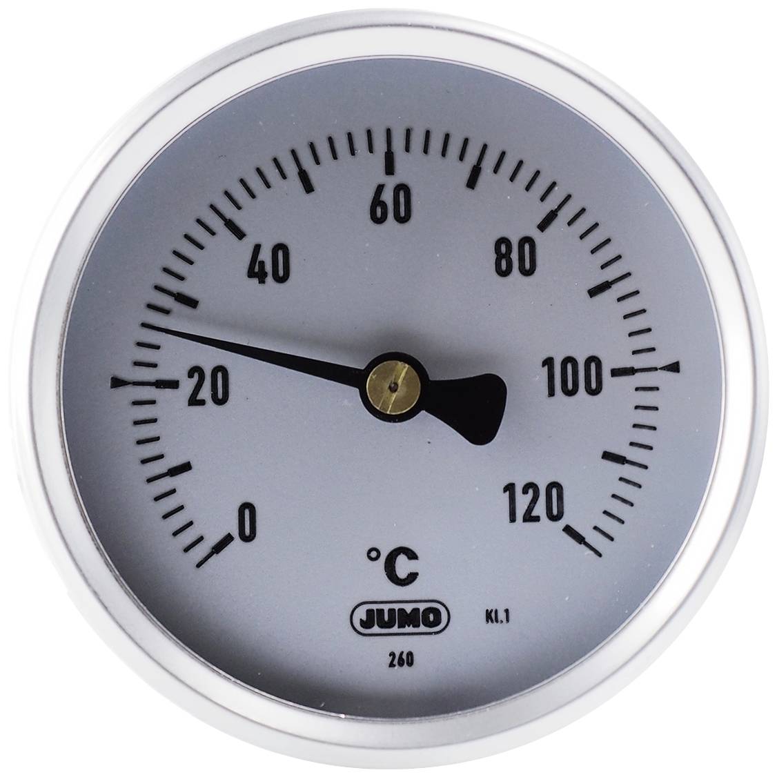 Round thermometer, displaying temperature from 0 to 120 degrees Celsius. Black pointer positioned at approximately 20 degrees. Silver border.