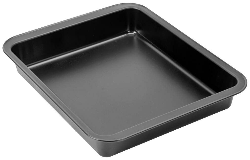 Black rectangular baking tray with raised edges. Ideal for baking or roasting in the oven.
