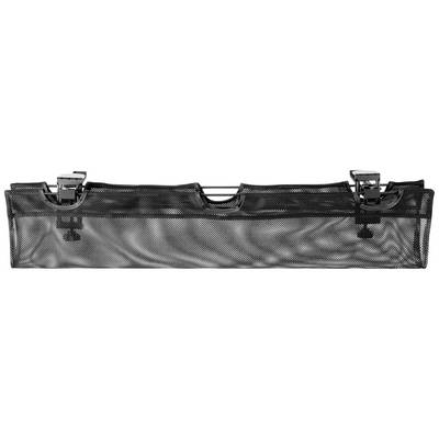 Black mesh storage bag with two clips for attachment. Ideal for storing small items in the car or other areas.