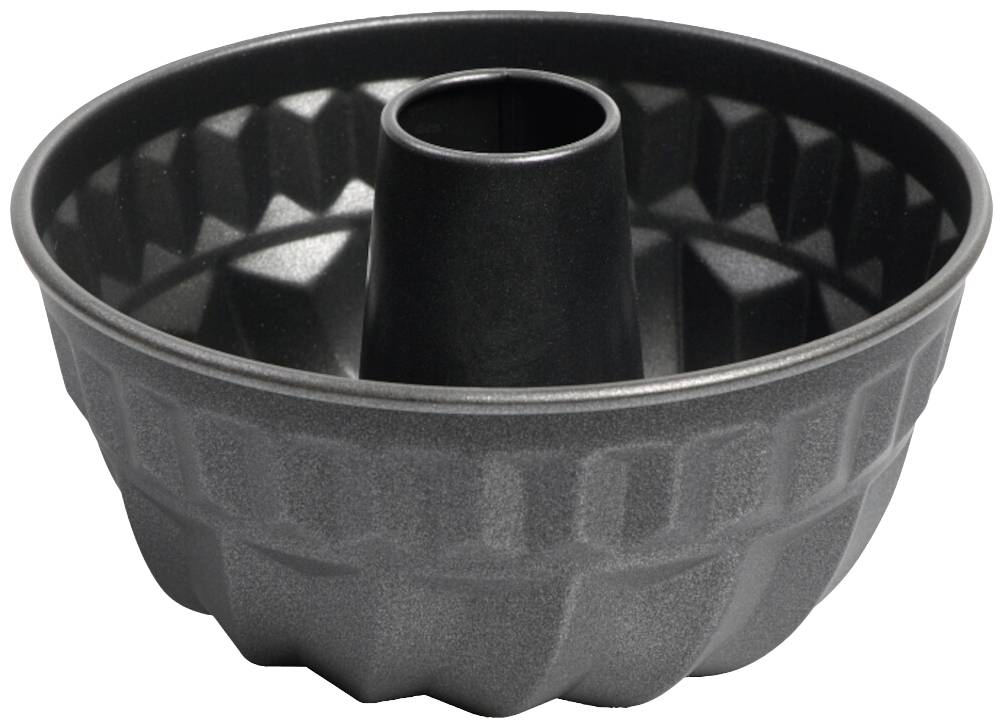 Black metal Bundt cake tin with fluted edges and central tube for even baking.