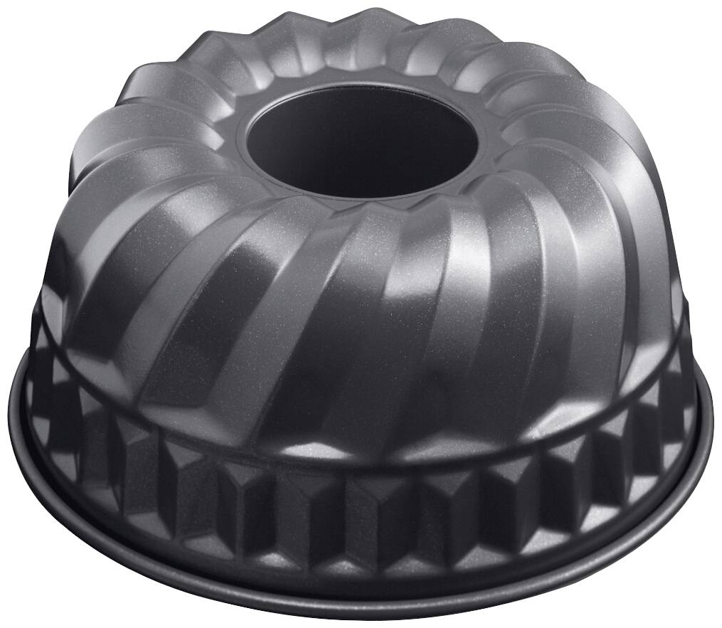 A round metal Bundt cake tin with a fluted pattern and central hole, suitable for baking cakes and desserts.