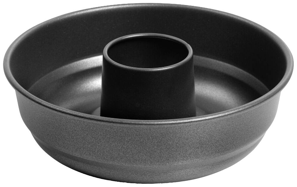 Black metal Bundt cake tin, suitable for baking cakes with a central hole.