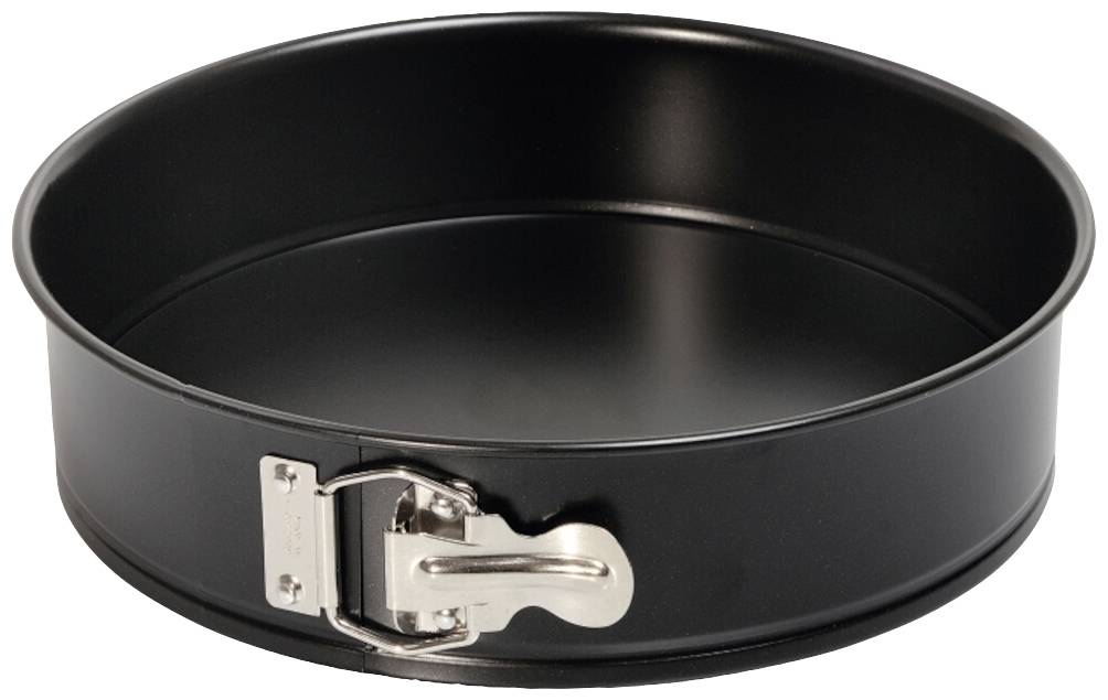 A black round springform tin with a silver clasp, suitable for baking cakes or gateaux.