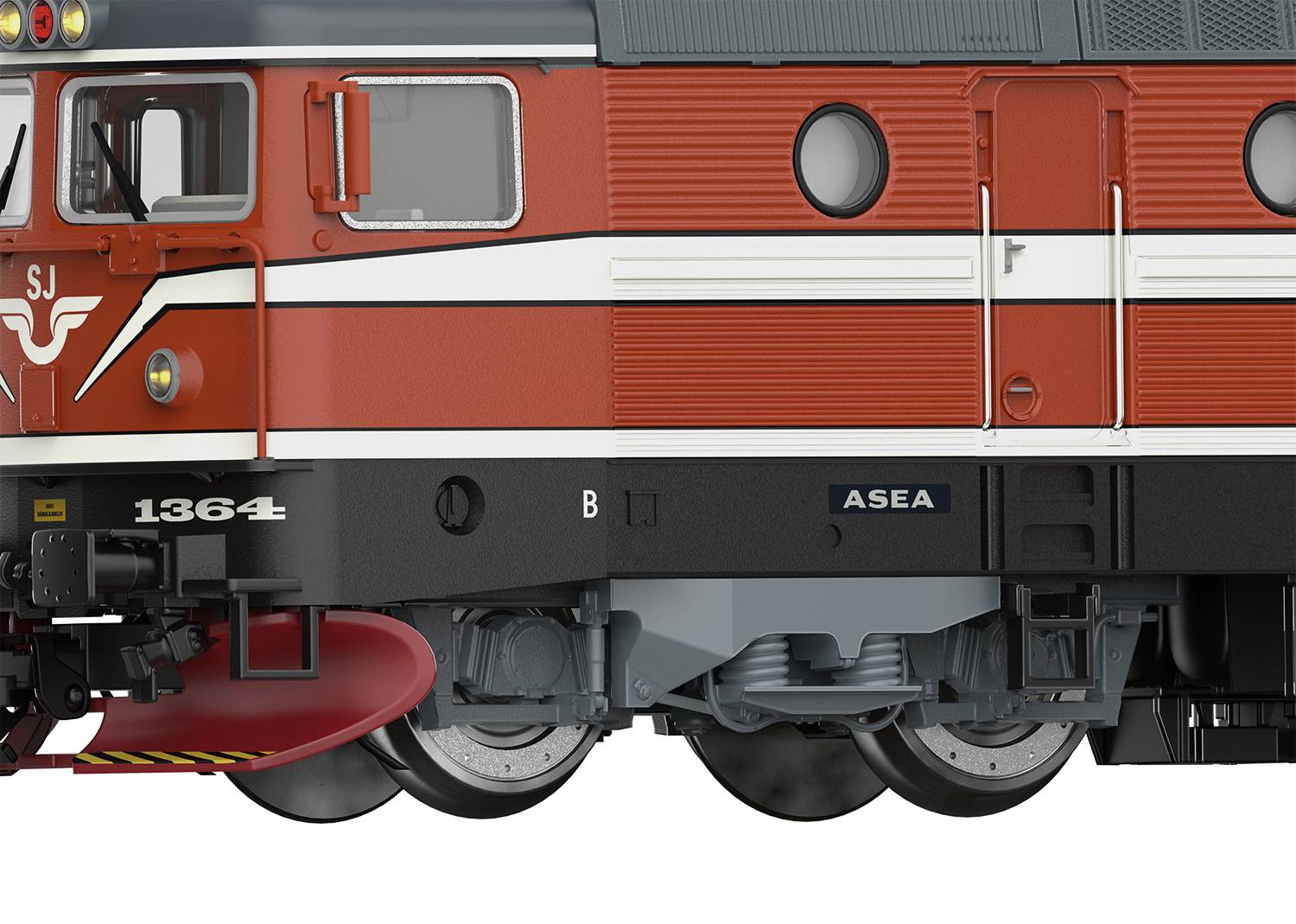 Red locomotive with white stripes viewed from the side, with visible wheels and door. The 'SJ' logo at the top, with the number '1364' underneath.