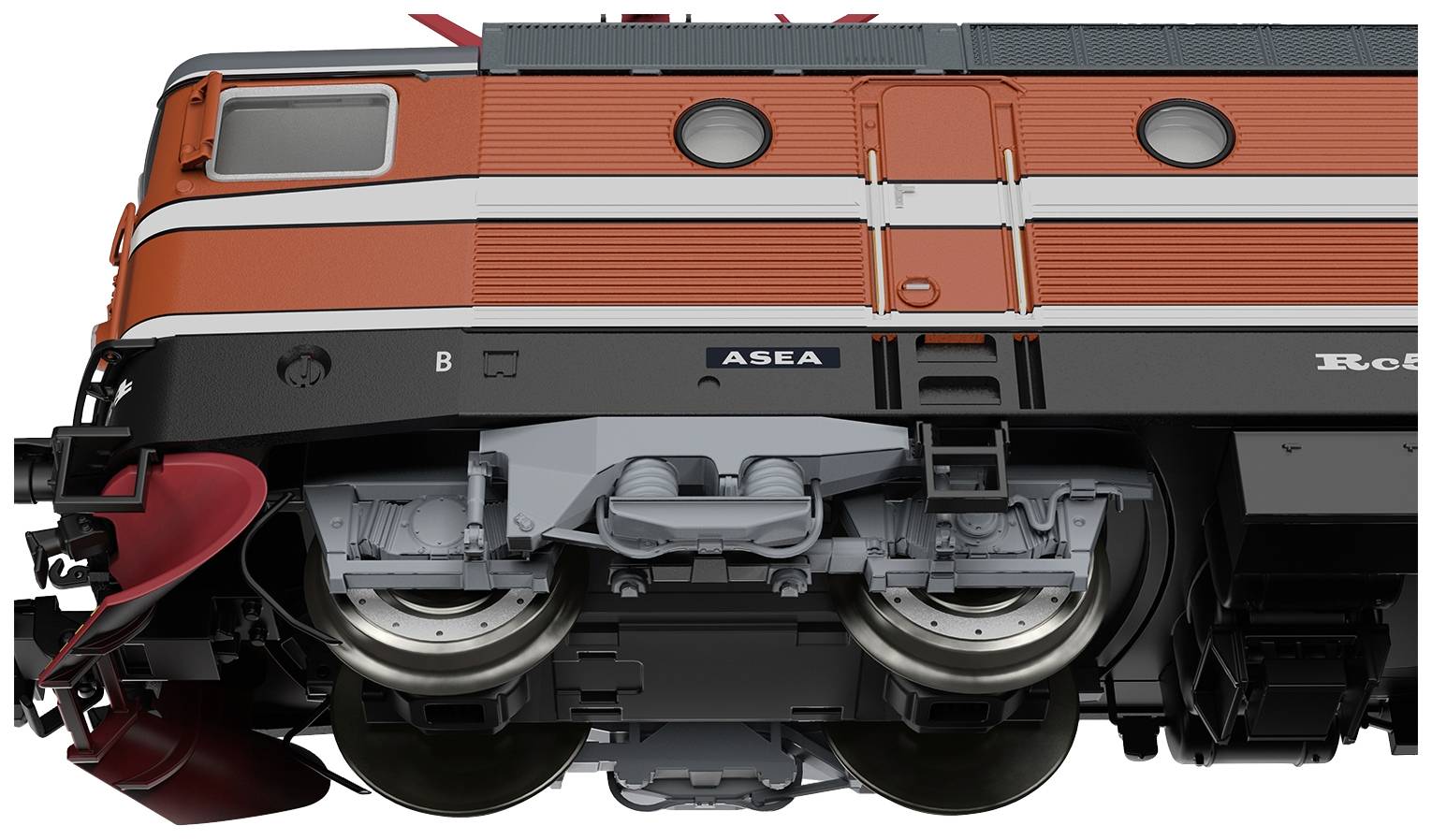 Close-up of a red and black locomotive with visible details of wheels and suspension, marked with 'ASEA'.