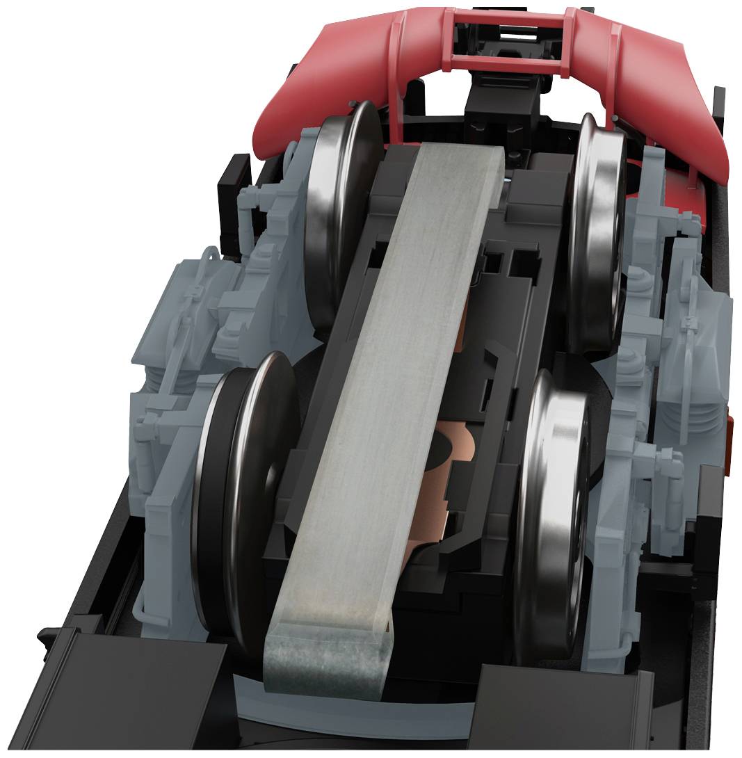Close-up of a chassis model with four wheels and a central metal plate. Components are highlighted in red and grey.