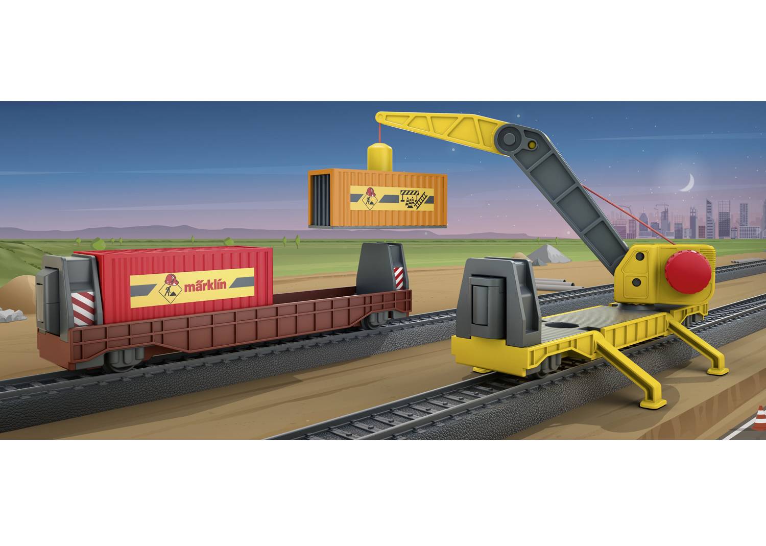 A yellow crane lifts a goods container onto a railway wagon. It is evening, and a city can be seen on the horizon.