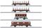 Three different types of freight wagons on railway tracks. At the top, an open wagon with wooden supports, in the middle a bulk freight wagon, at the bottom a covered wagon.