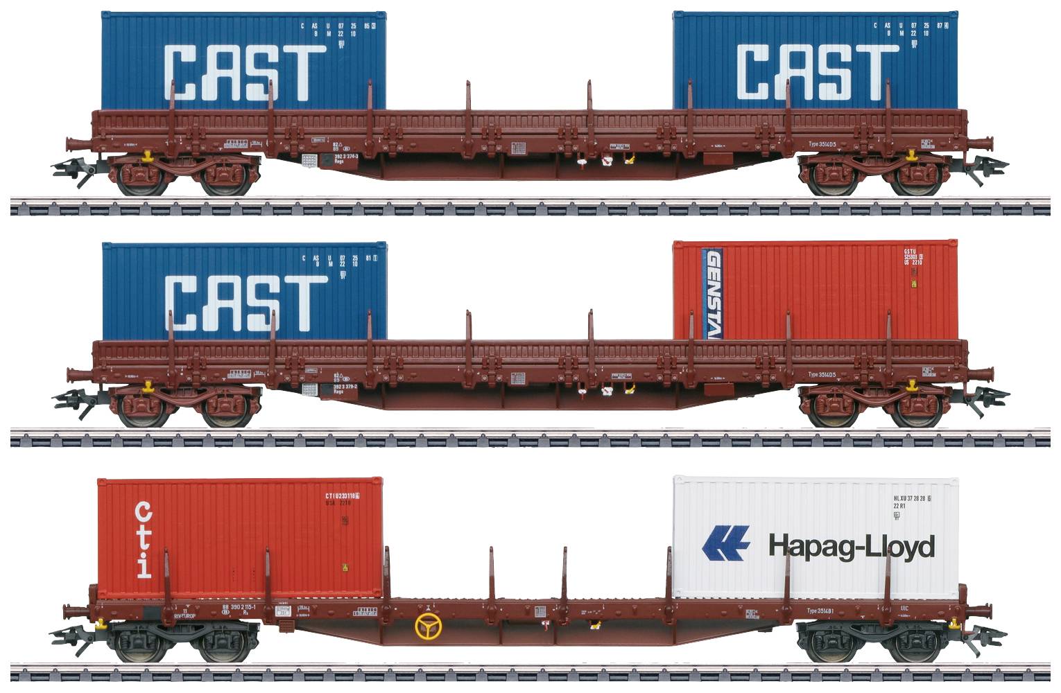 Three railway carriages on tracks, laden with coloured containers bearing the labels 'CAST', 'CMA CGM', 'CTI' and 'Hapag-Lloyd'.