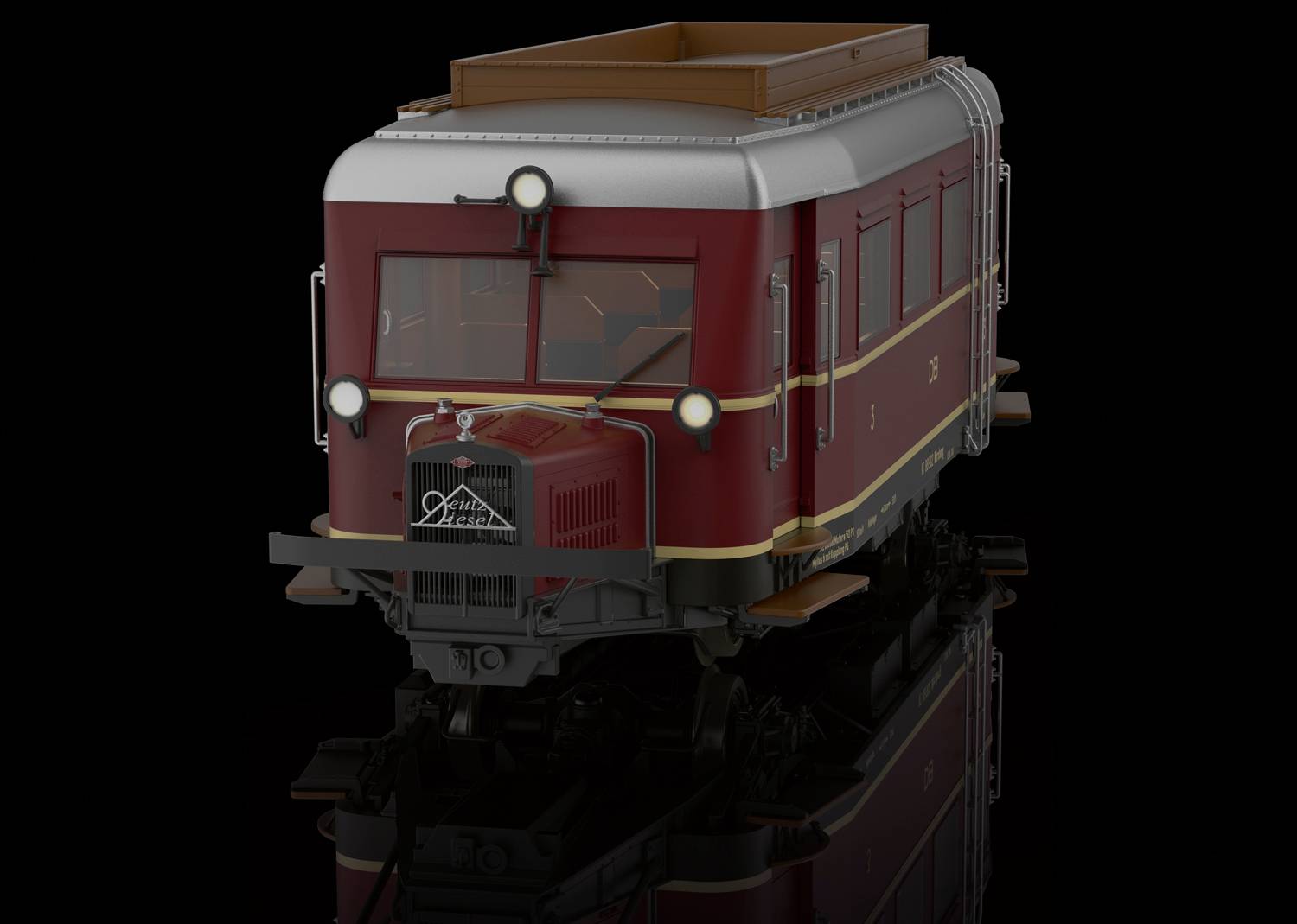 A red historic railcar against a dark background, showing authentic details such as headlamps and radiator grille.