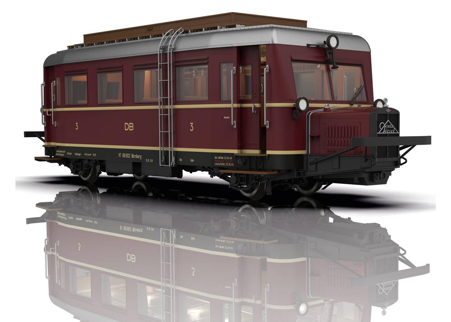 A red historic train carriage with the marking 'DB'. It has large windows, is intricately designed, and is reflecting on a smooth surface.
