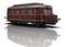 Old model of a dark red Deutsche Bahn railway carriage with the 'DB' inscription, surrounded by a reflective floor.