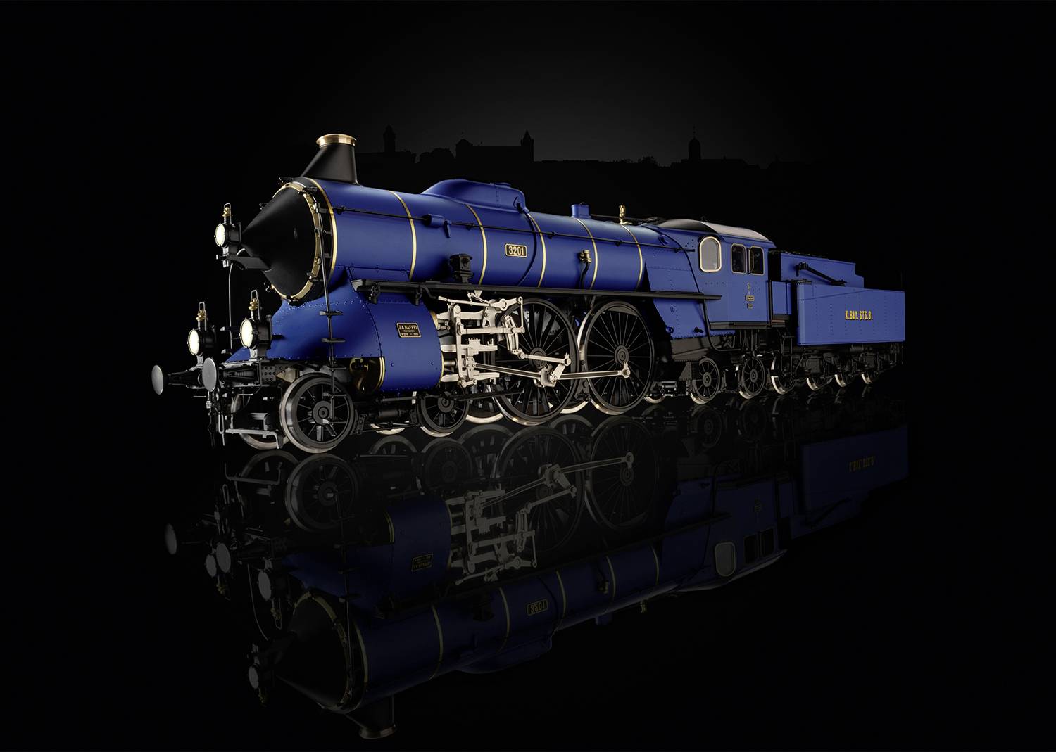 Blue model train in the style of a steam locomotive against a black background, meticulously detailed with golden embellishments and the inscription '242 A1'.