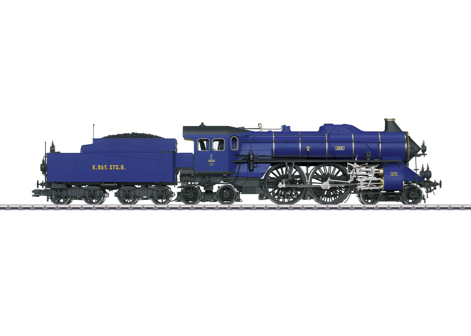 A blue steam locomotive model on rails, with distinctive black and gold details, marked with 'K.BAY.STS.B.'.