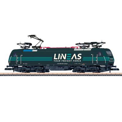 Electric freight locomotive, black with turquoise stripes, labelled 'LINEAS Your Freight Force', on a railway track.