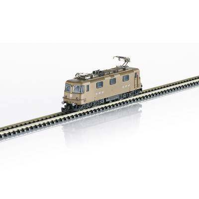 A model of an electric locomotive on a track, beige in colour, with detailed design and pantographs on top, against a white background.