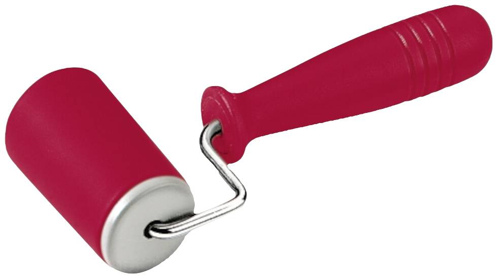 Red paint roller with a red handle, commonly used for applying or smoothing paint or adhesive on flat surfaces.