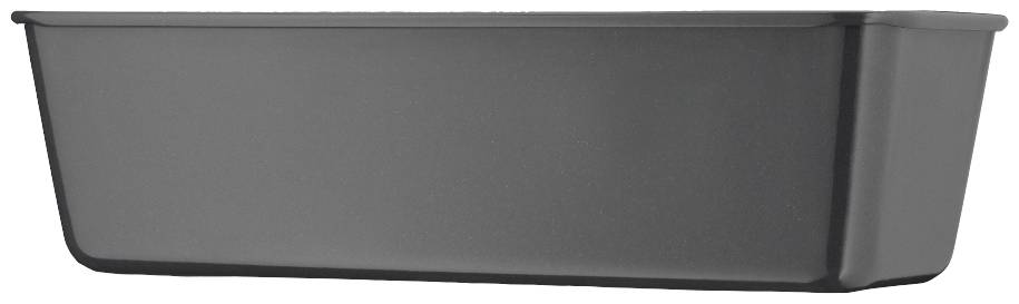Black rectangular metal tray with rounded corners, side view.