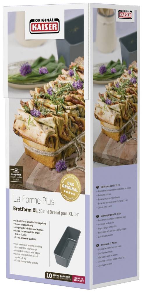 Packaging for the 'La Forme Plus' bread tin by Kaiser. Displays bread slices on a board. Dimensions: 35 cm, non-stick coated, Made in Germany.