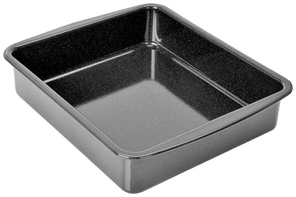 Rectangular black baking tin with a smooth surface, empty. Used for baking cakes, casseroles and similar dishes.