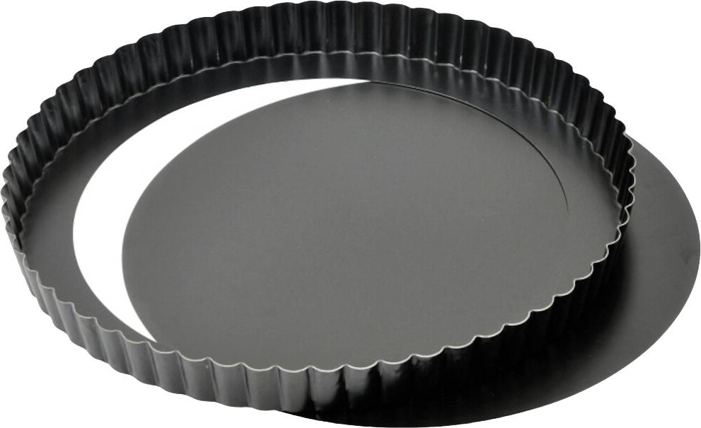 A round, black baking tin with a fluted edge and a removable base, perfect for quiches or tarts.