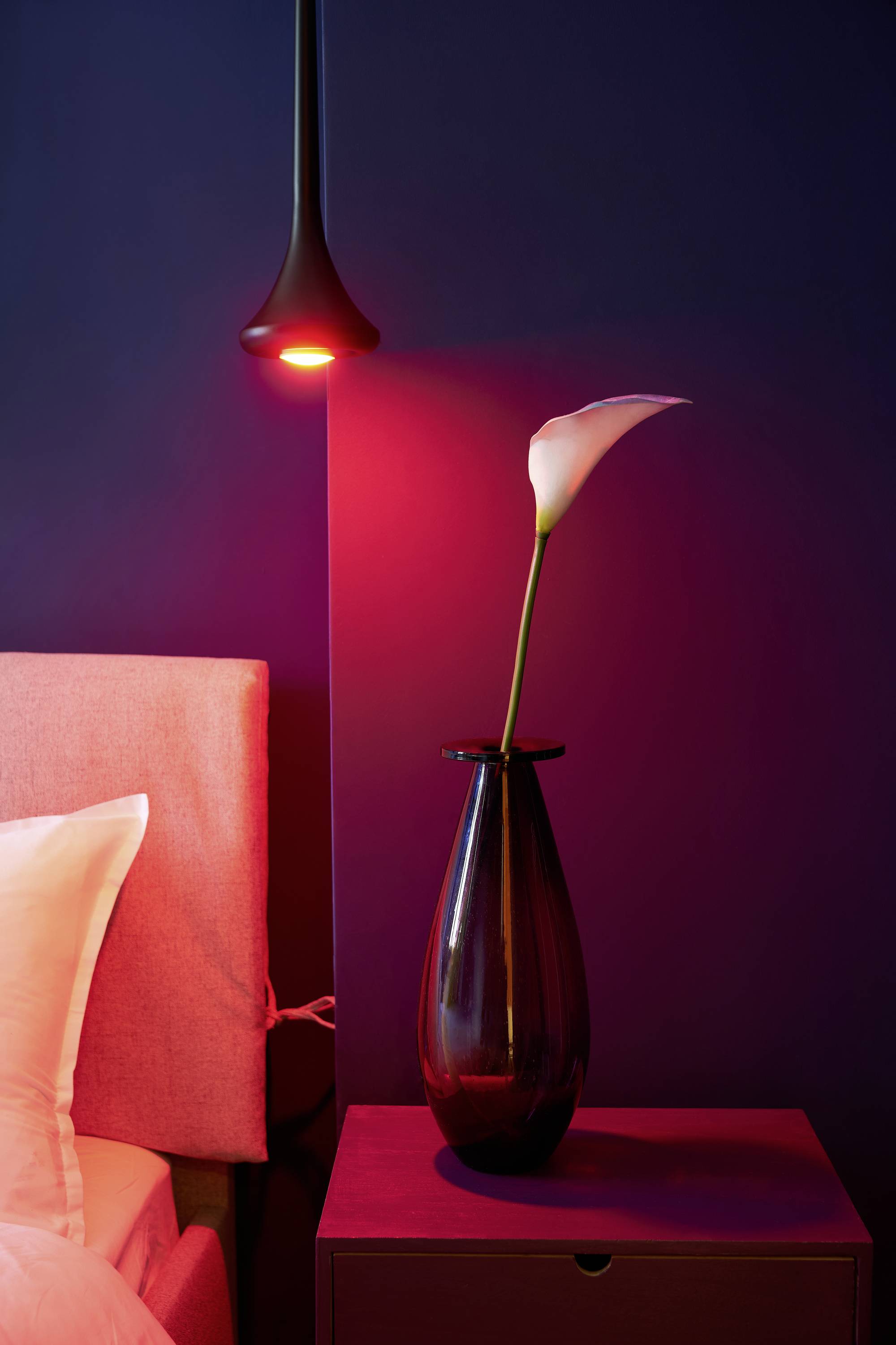 Bedside table with a lily-shaped flower in a dark vase, positioned next to a bed. Red light illuminates the scene from above.