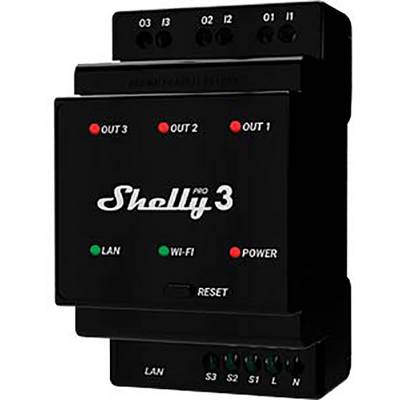 Black device with the label 'Shelly Pro 3', displaying status LEDs for 'LAN', 'Wi-Fi', and 'Power', along with three 'OUT' connections.