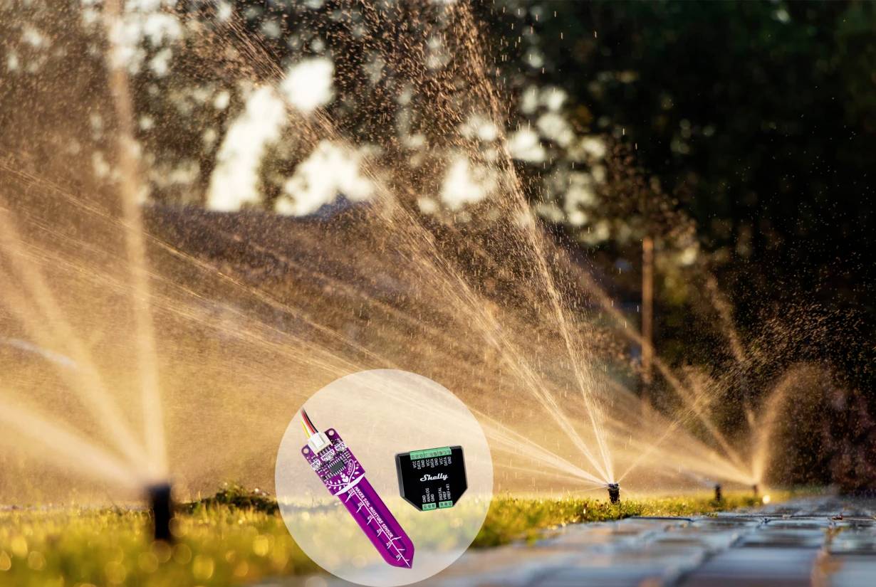 Lawn irrigation system with multiple active sprinklers on a meadow at sunset. In the foreground, a sensor and microchips.