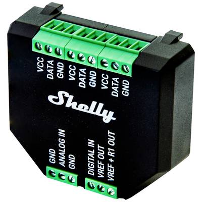 'Electronic device called Shelly with connections: VCC, DATA, GND, ANALOG IN, DIGITAL IN, VREF OUT, R1 OUT.'