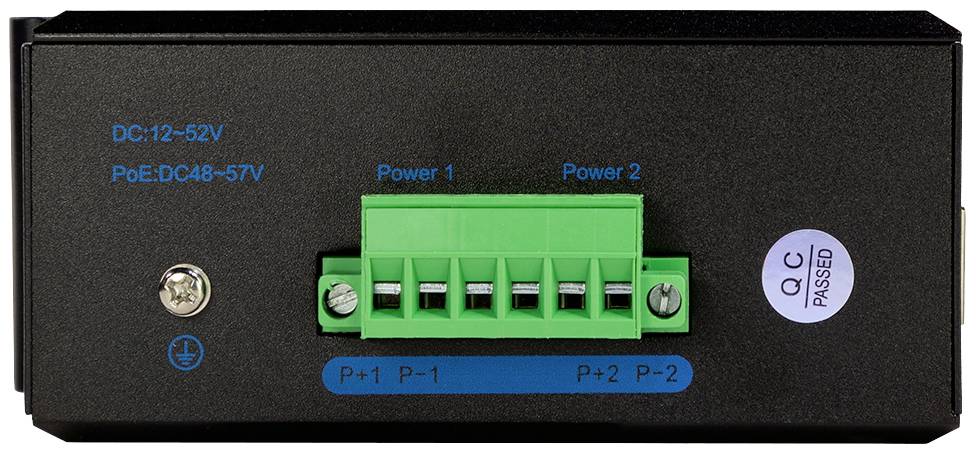 A black electric device with a green connection block in the centre, labelled 'Power 1' and 'Power 2'.