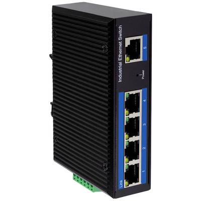 'Industrial Ethernet switch' with five Ethernet ports and LED indicators for connection and power. Vertical, rectangular design.