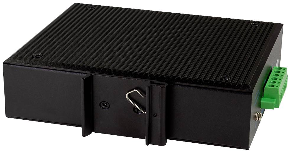 A rectangular, black electronic enclosure with a ribbed surface and a green connector on the right-hand side.